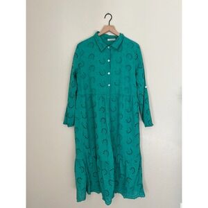Laura Bianchi Teal Eyelet Cotton Midi‎ Shirt Dress Size L 100% Cotton